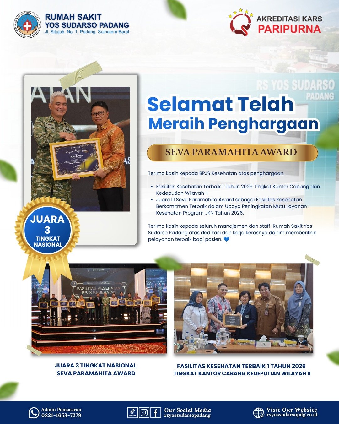 Rumah Sakit Yos Sudarso Padang Raih Dua Penghargaan BPJS Kesehatan atas Komitmen Peningkatan Mutu Layanan JKN 2026